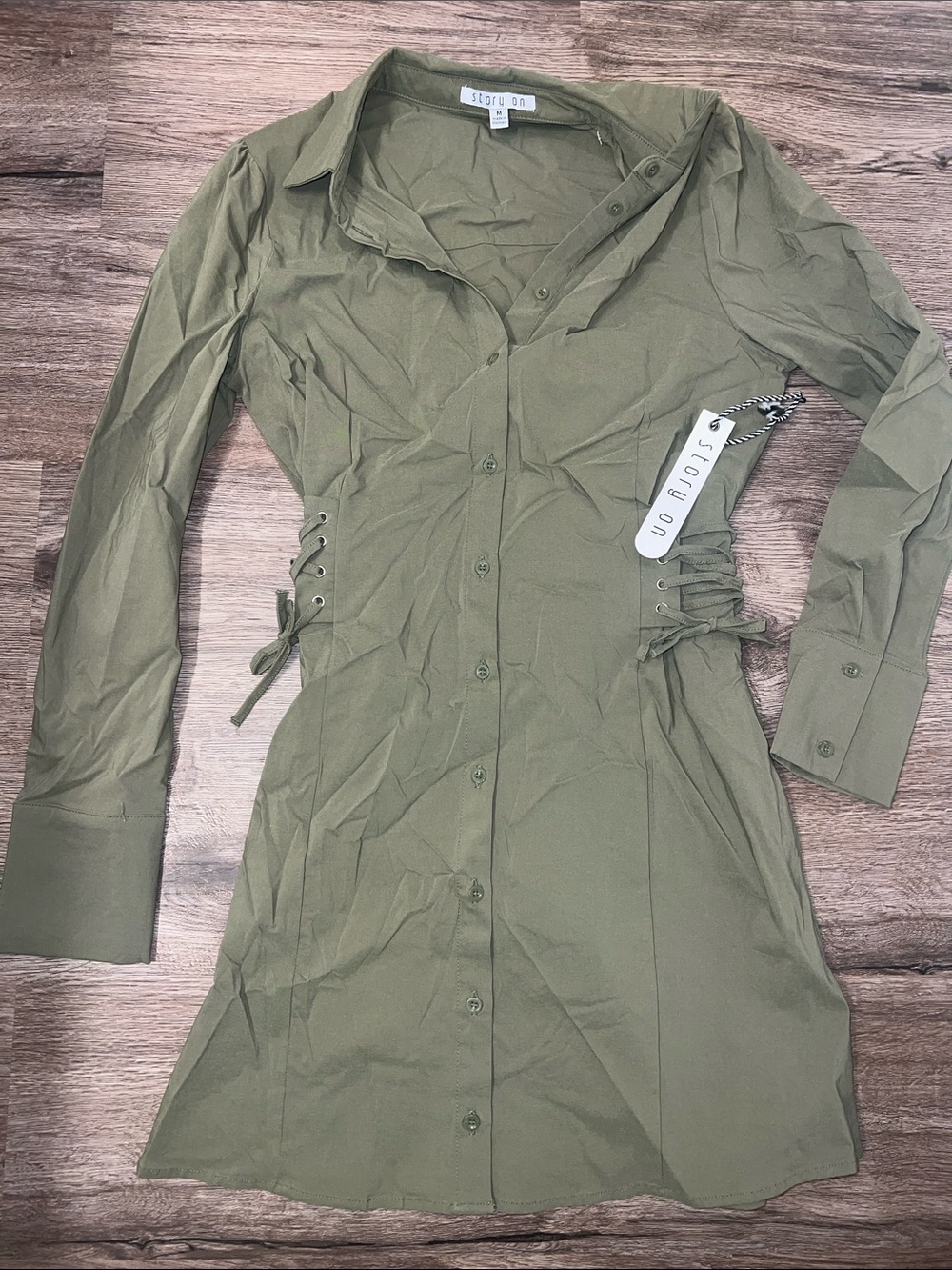 Olive Green Button-Front Shirt Dress with Side Lace-Up